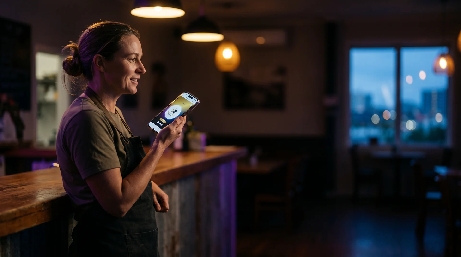 Bistro owner in conversation with her Genie on her phone at closing time
