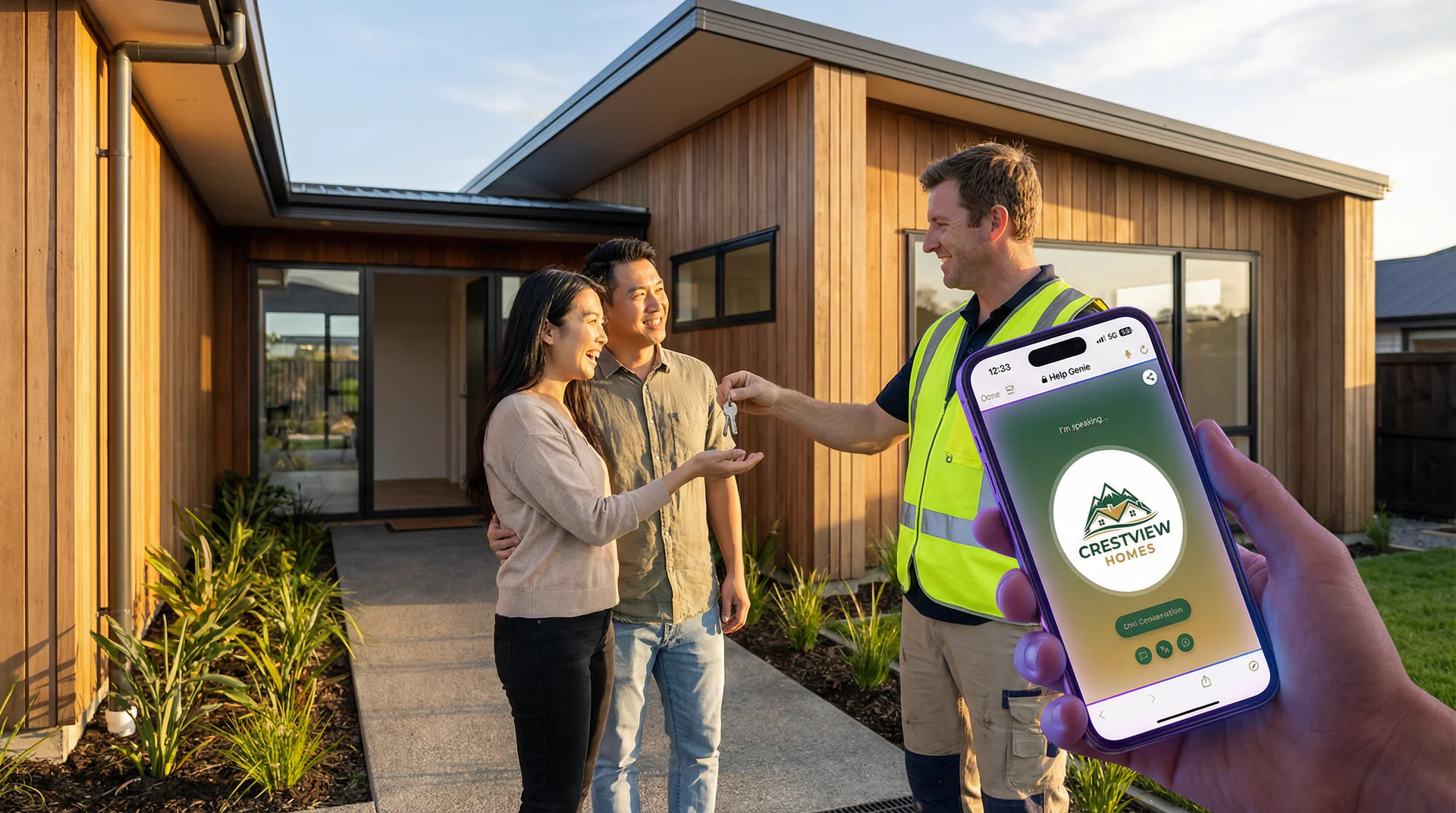 Builder handing over a new home to buyers with Help Genie