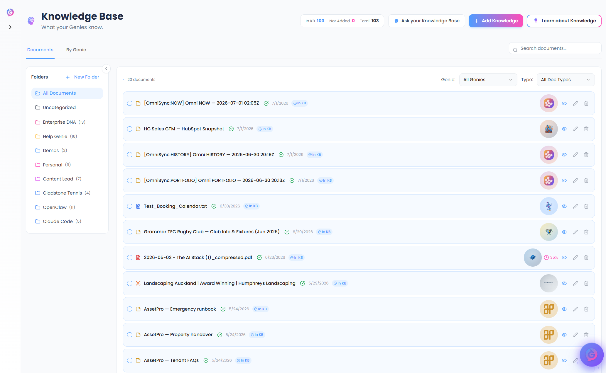Help Genie knowledge base with folders and documents the genies are trained on