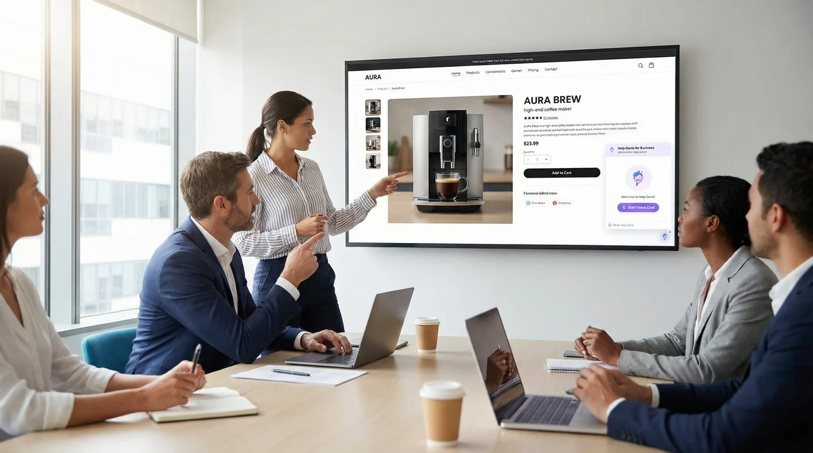 Team reviewing a product page with Help Genie voice chat open