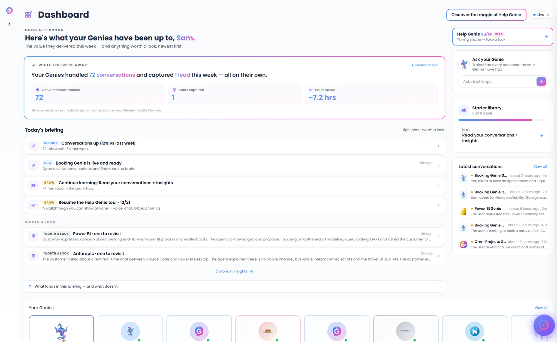 Help Genie dashboard summarizing conversations, leads, and hours saved