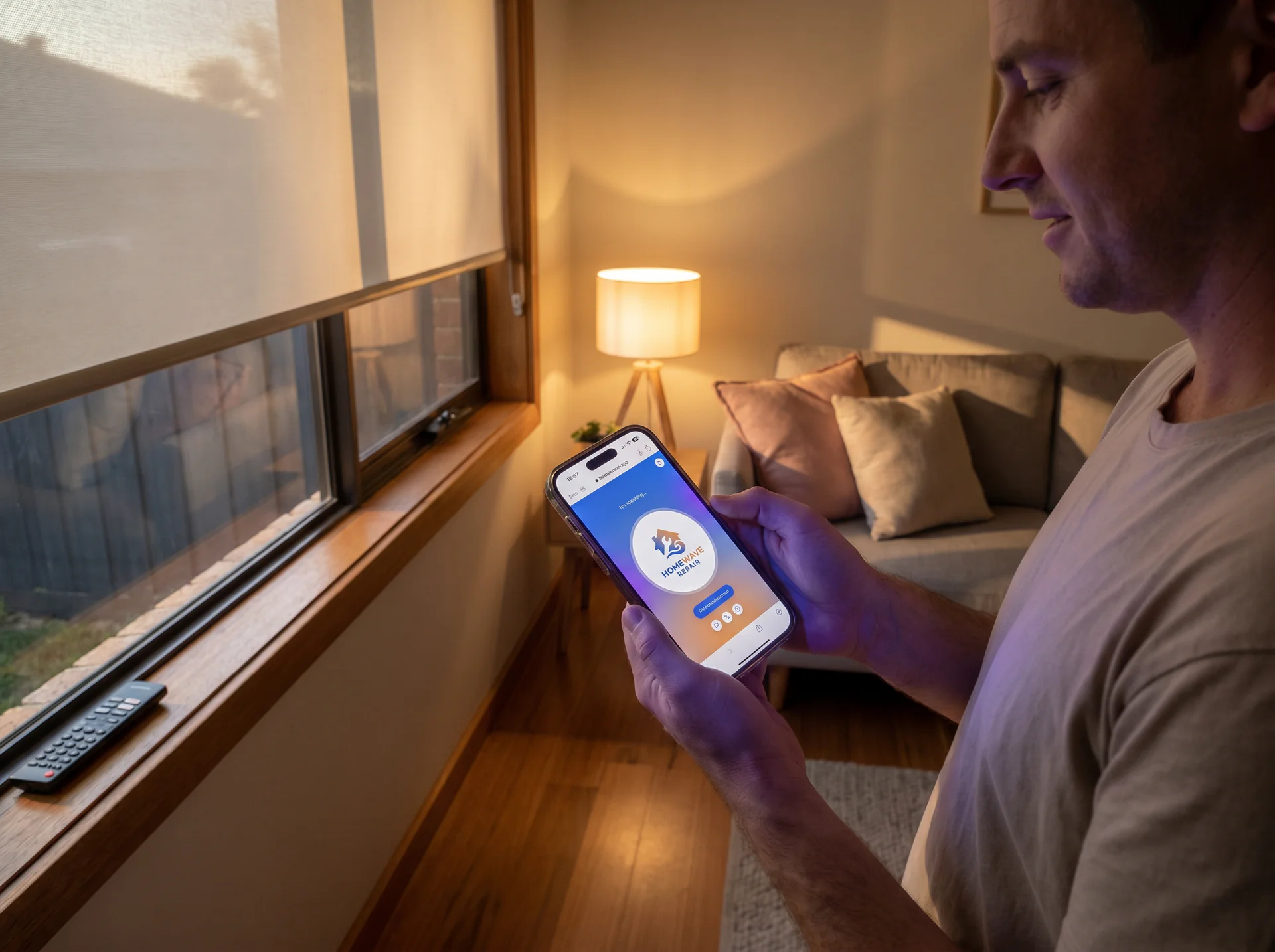 Homeowner in the evening using a voice genie on their phone to ask about a window shade remote