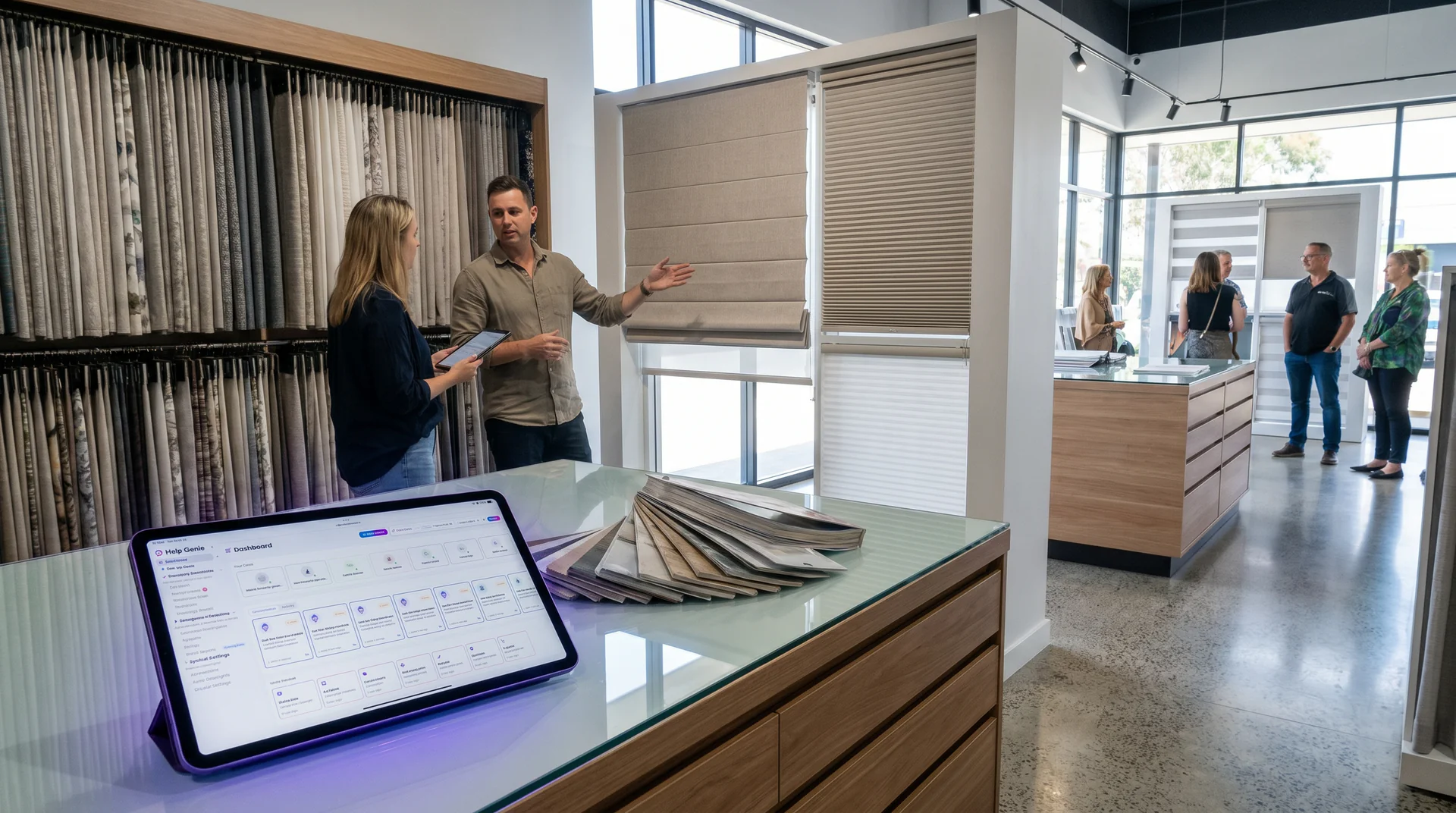 Window shades showroom owner taking a customer call while a voice genie triages incoming support questions in the background.