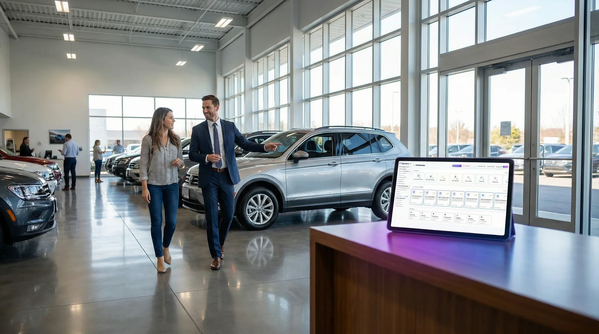 Auto dealership showroom with phones ringing and an AI system routing calls to the right department