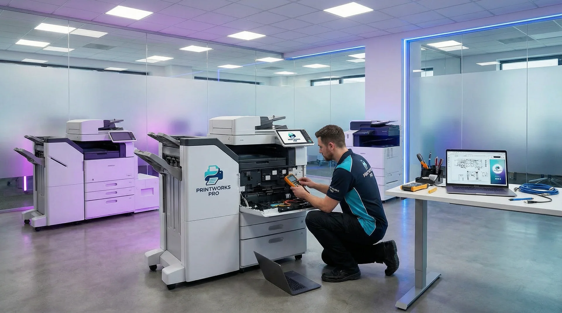 Office with a multifunction printer and a phone system routing service calls through AI troubleshooting and dispatch