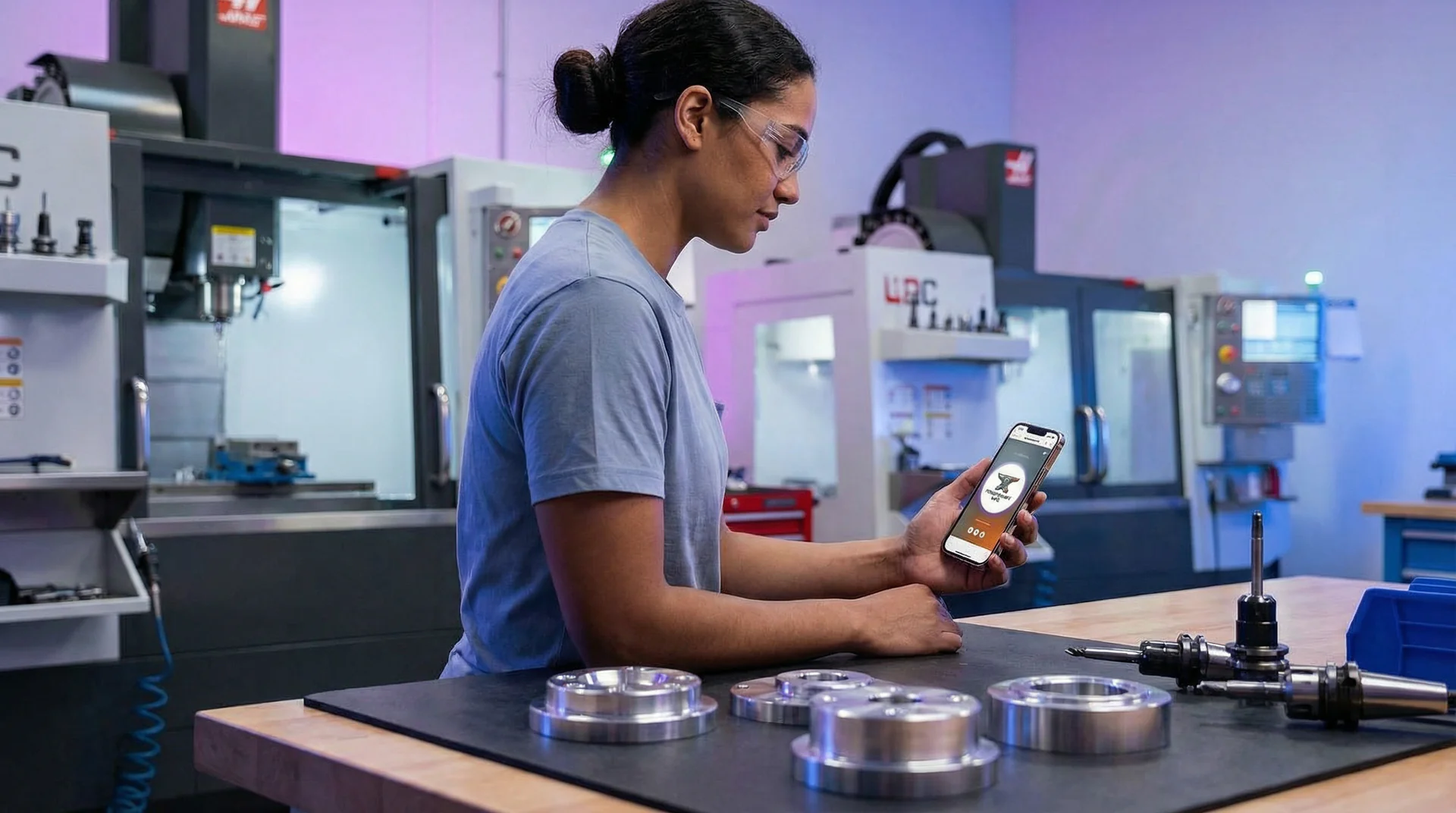 Manufacturing shop floor with a phone and tablet showing an RFQ form