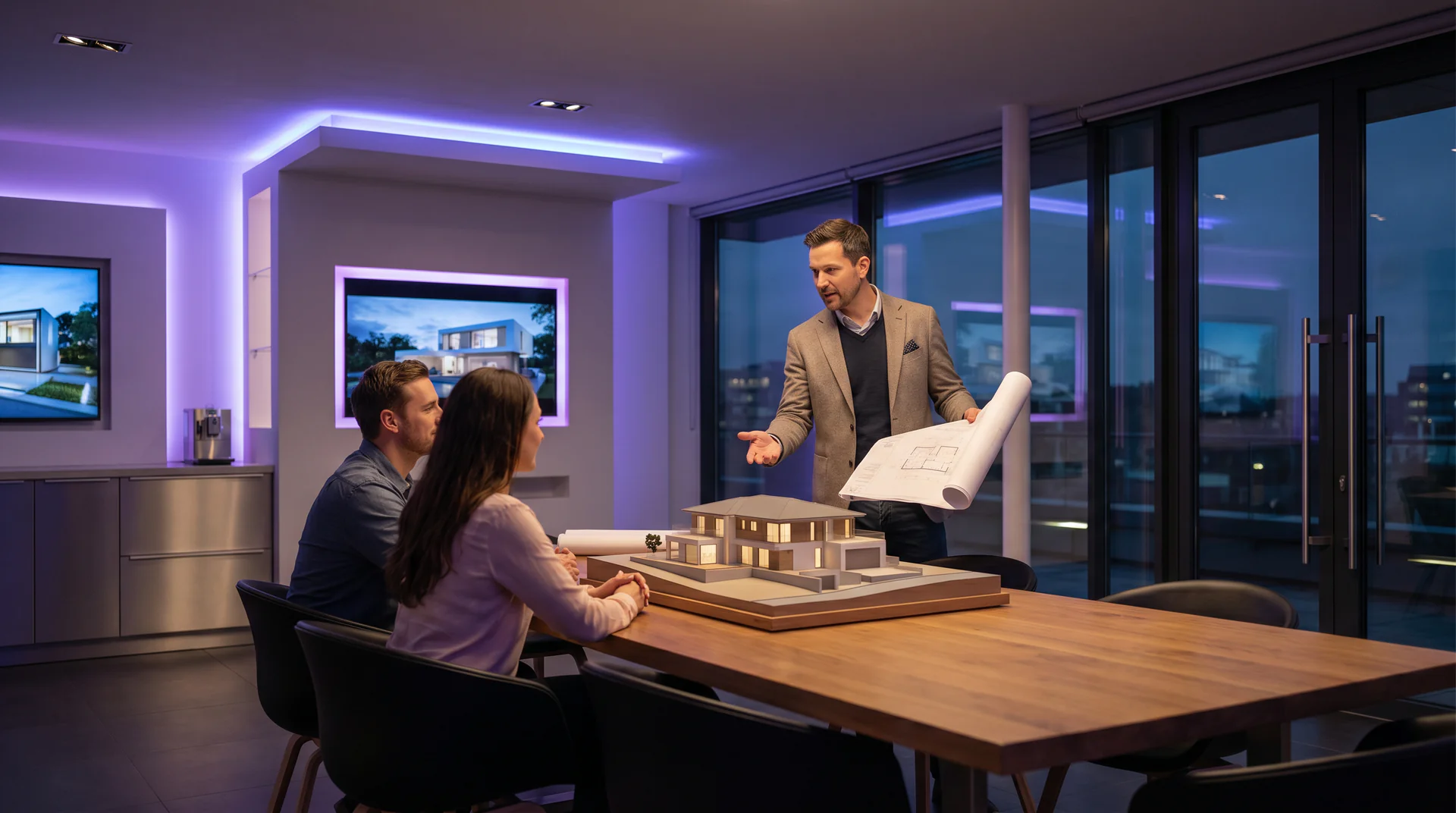 Home builder presenting architectural plans and a model home to clients in a modern showroom