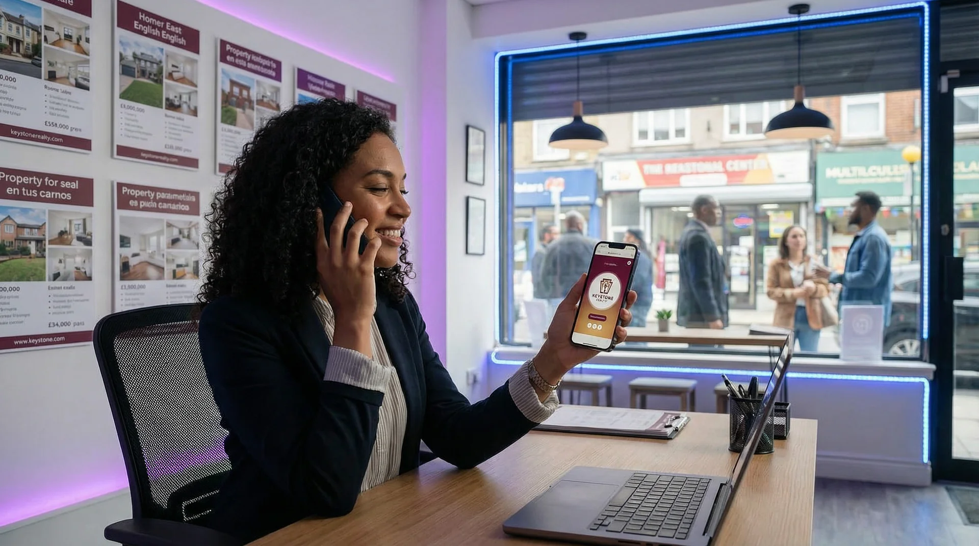Bilingual AI phone interface showing seamless language switching between English and Spanish for a real estate office