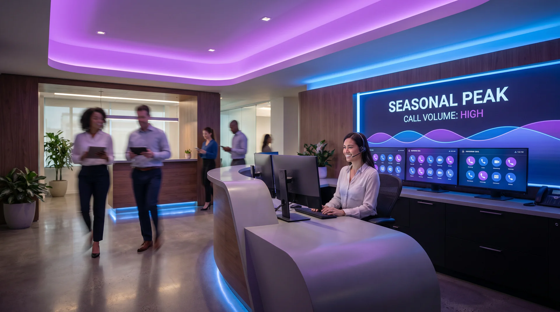 Busy small business reception area handling a high volume of incoming calls during a seasonal demand surge
