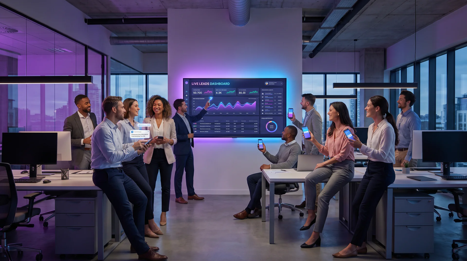 Marketing and sales team reviewing real-time lead alerts on a dashboard with smartphones lighting up with notifications