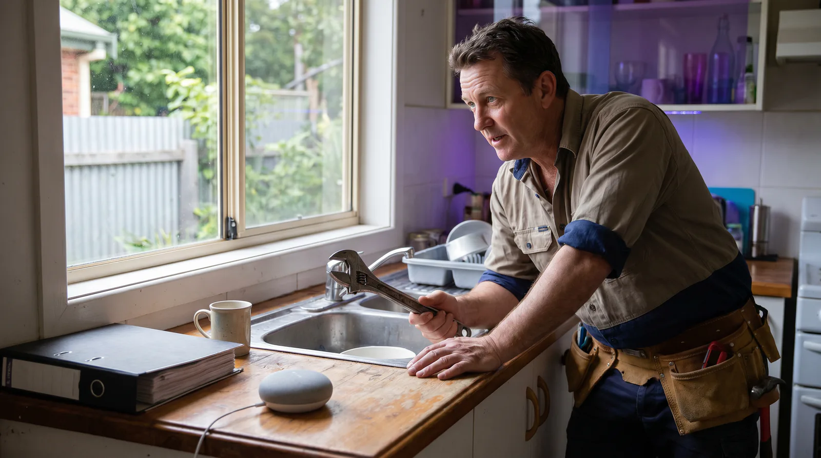 A plumber holding a wrench talks to a small speaker on a counter with a closed binder pushed aside