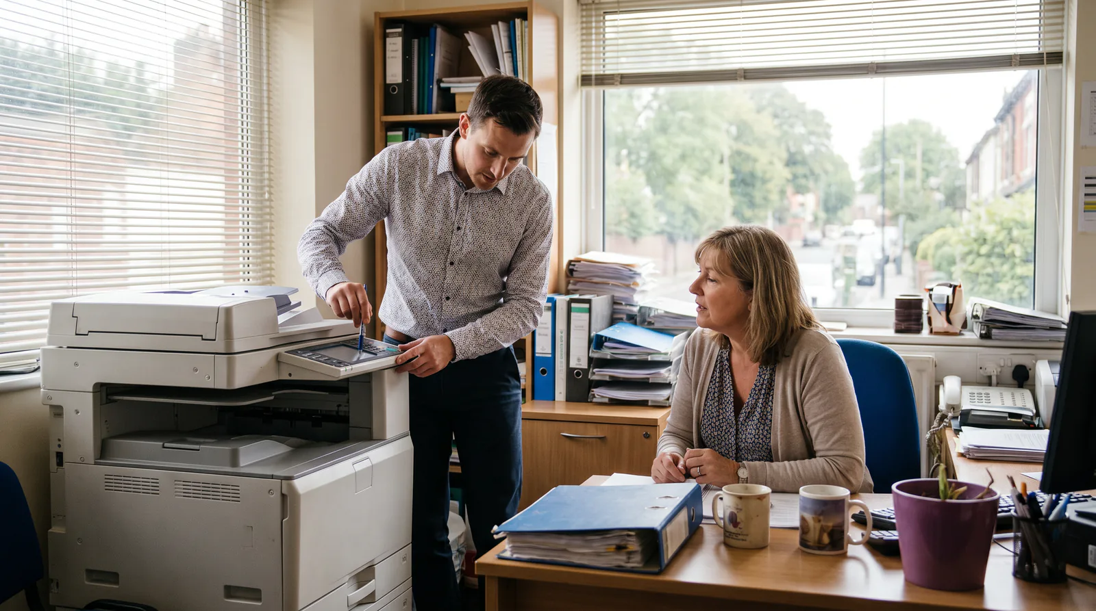 A sales rep shows a business owner how to operate a large photocopier in a small office