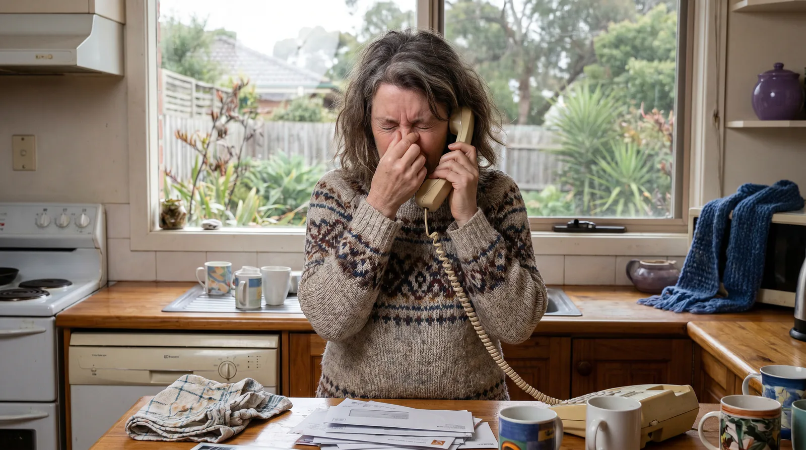 A frustrated woman stands at her kitchen counter holding a landline phone to her ear with her eyes closed