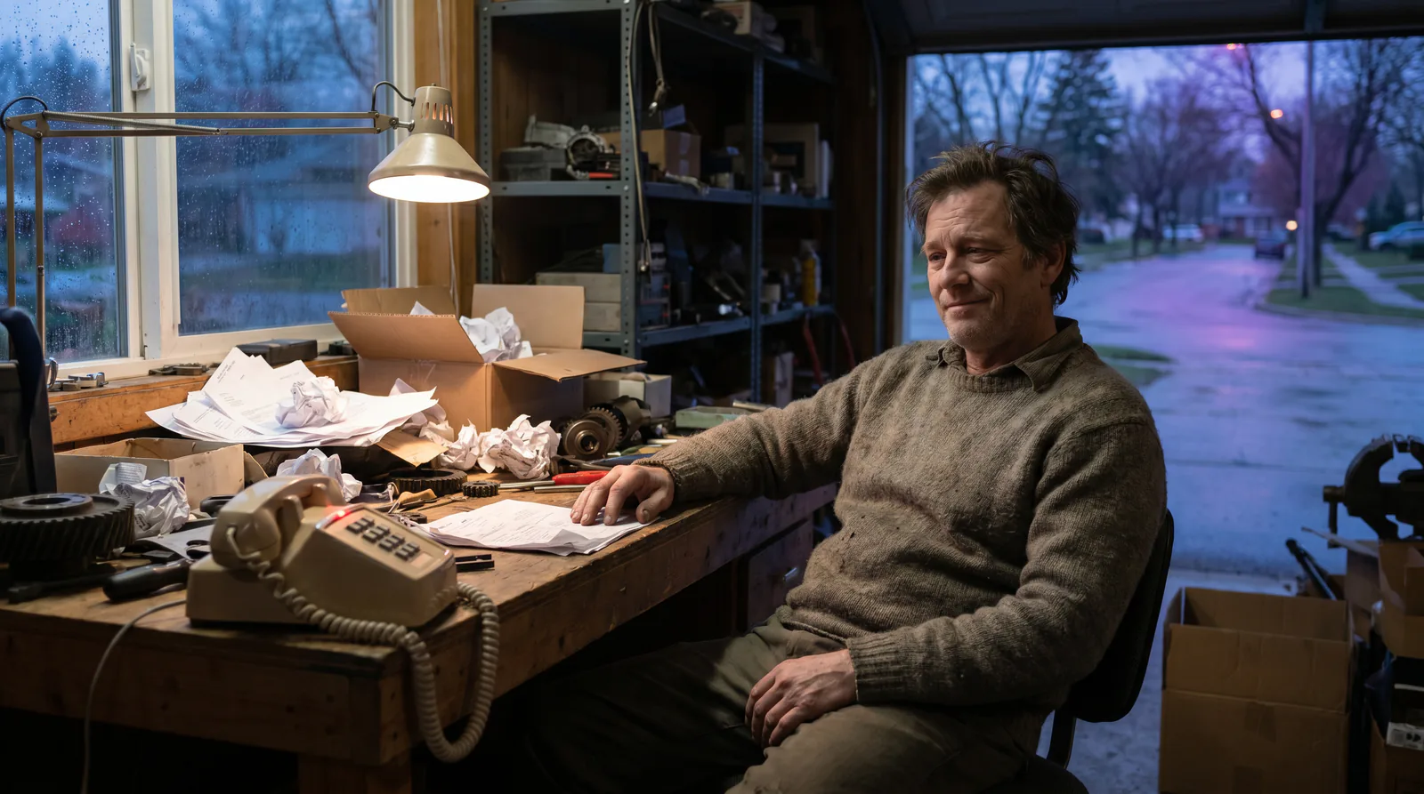 A man sits at a messy workshop desk at night with a ringing phone beside stacks of invoices and scattered tools