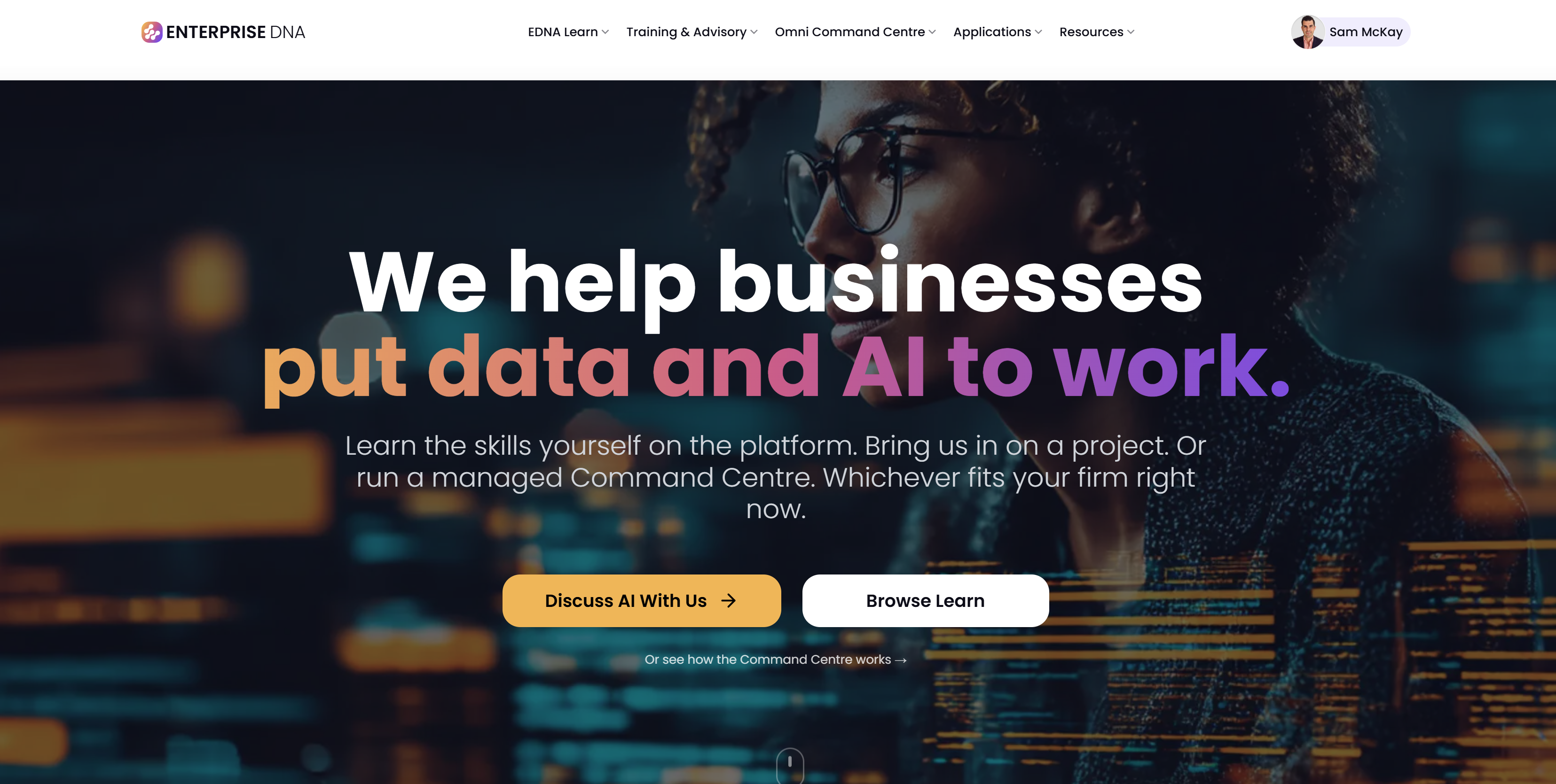Enterprise DNA homepage — 'We help businesses put data and AI to work'