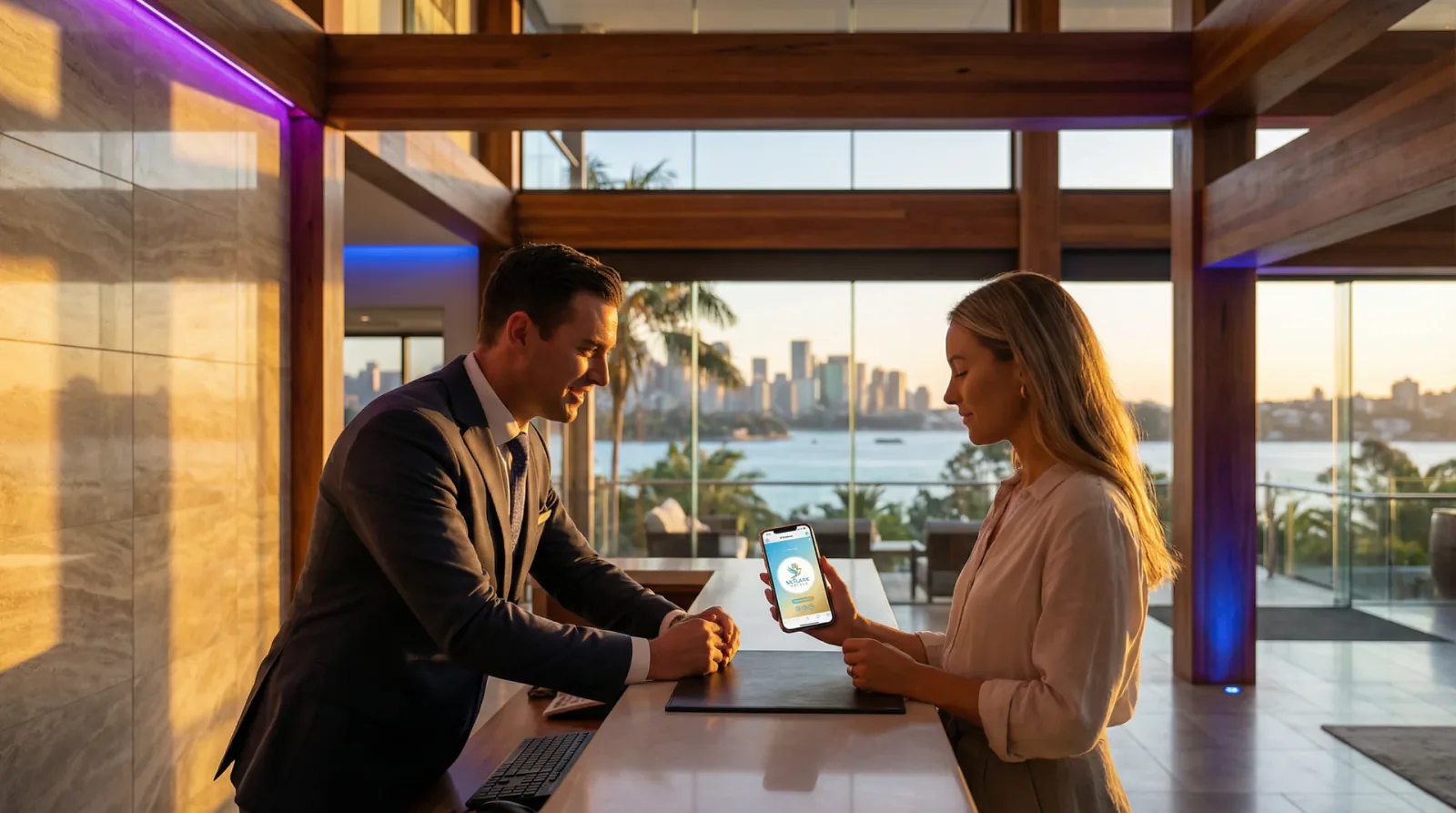 Hotel front desk team greeting guests while voice AI handles overflow inquiries