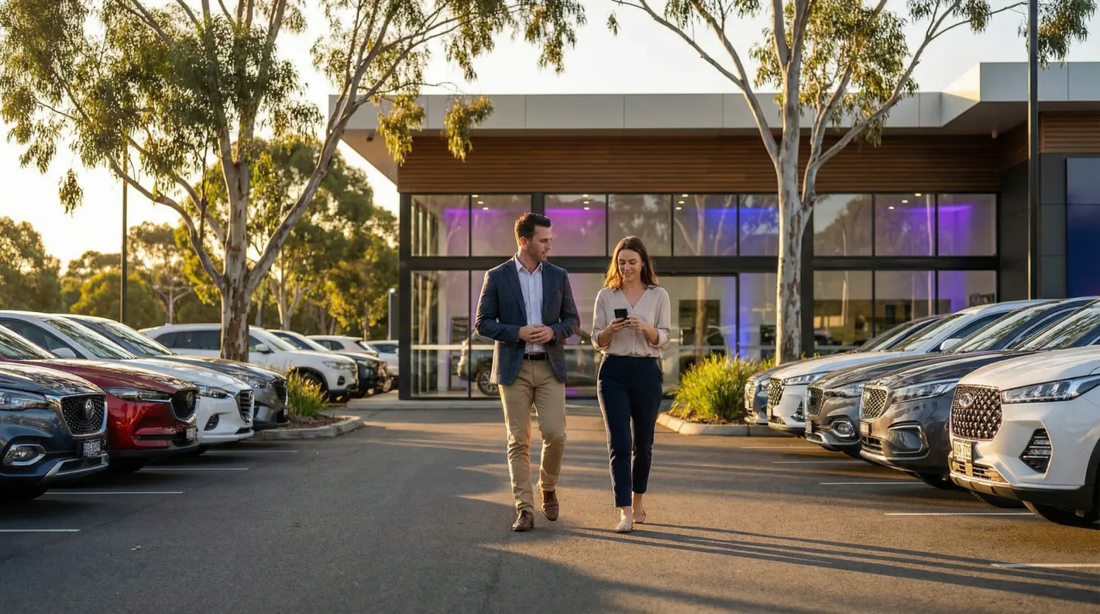 Auto dealership sales floor with staff helping buyers while calls get answered