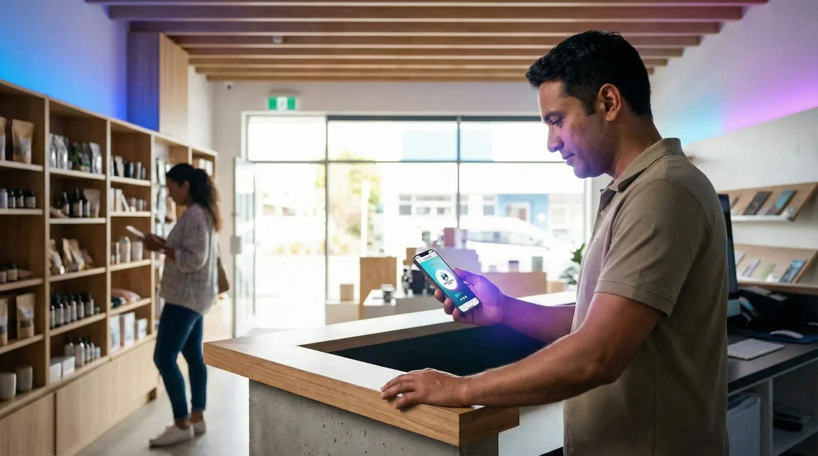 Small business owner at the front counter while customer calls get answered