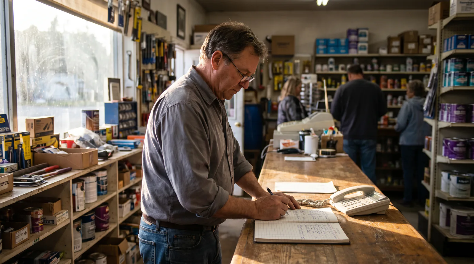 A shop owner reviews a handwritten call log at a wooden counter beside a landline phone in a hardware store