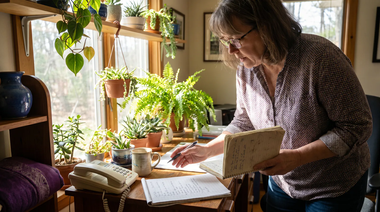 A person sits at a wooden desk reviewing handwritten notes with a landline phone nearby in a sunlit office