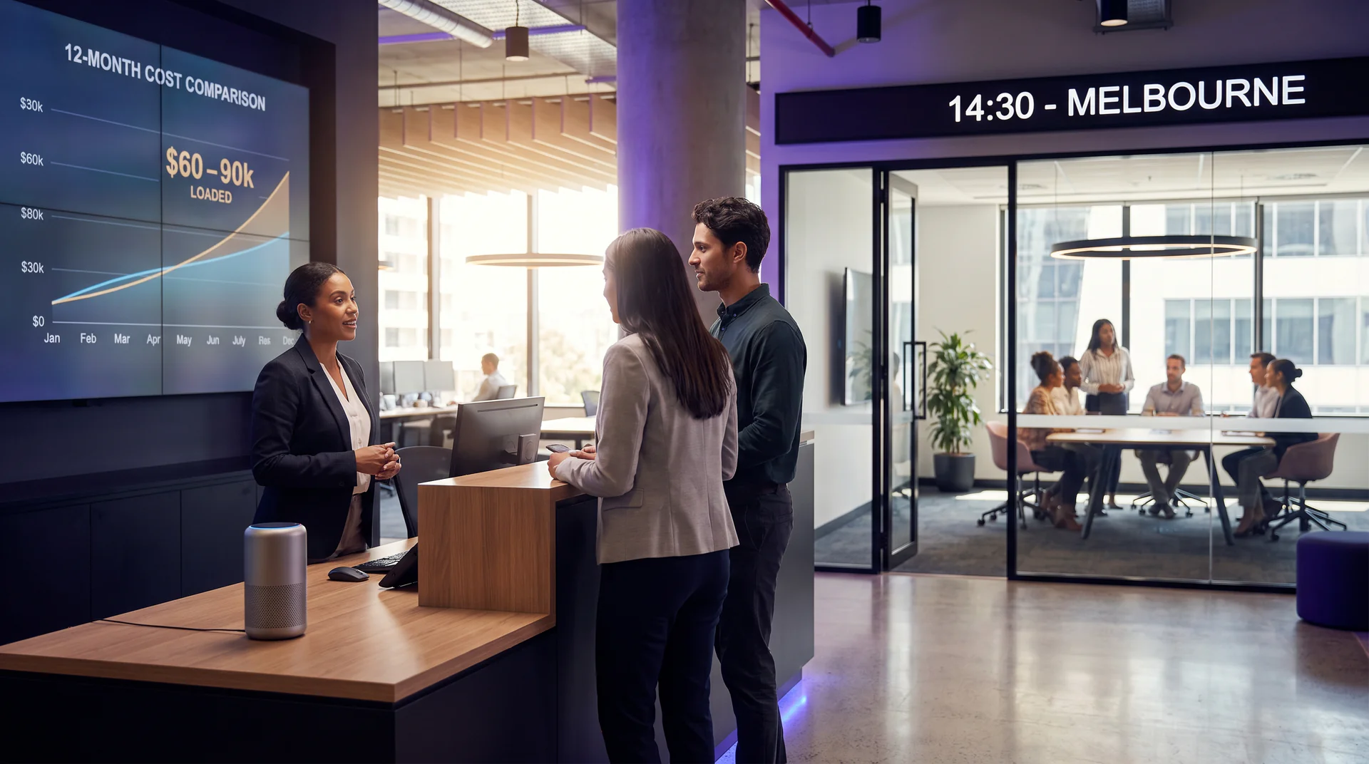 Full-time receptionists cost $60, 90k loaded. See how voice AI compares on cost, coverage, and lead capture over 12 months.