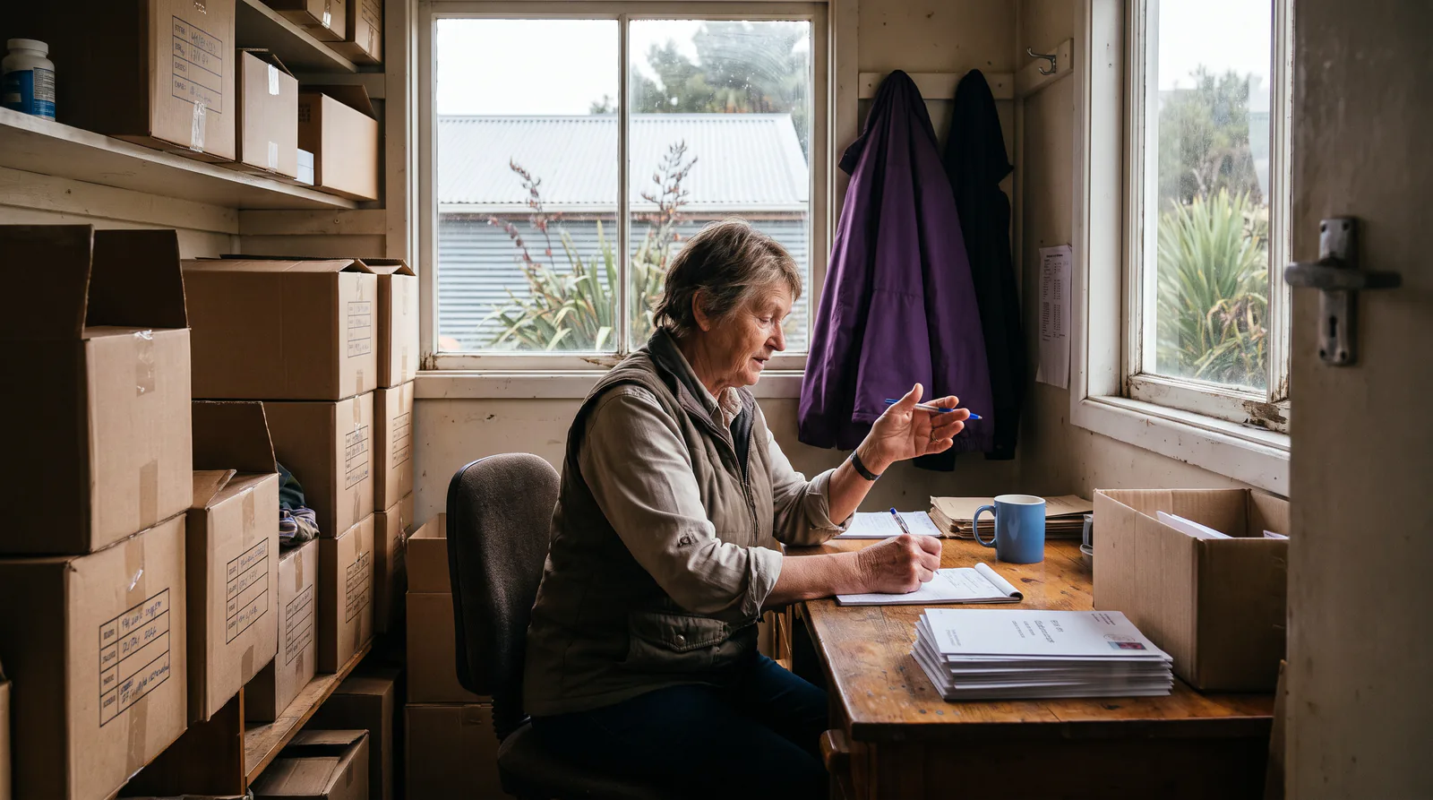 A person at a wooden desk writes notes next to a stack of printed letters in a cluttered back-office storeroom