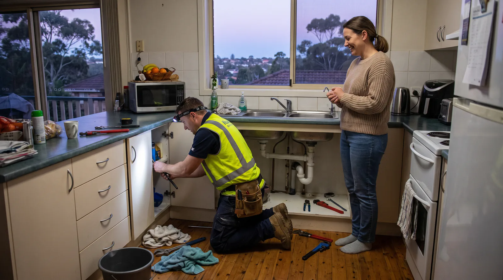 A plumber in work clothes fixes a pipe under a kitchen sink while a homeowner watches with relief