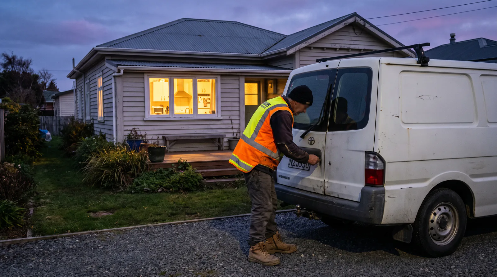 A plumber in hi-vis gear locks a tradesman van at dusk outside a weatherboard New Zealand house