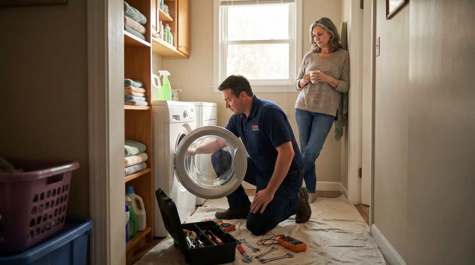 A repair technician works on an open washing machine in a home laundry room while the homeowner watches from the doorway