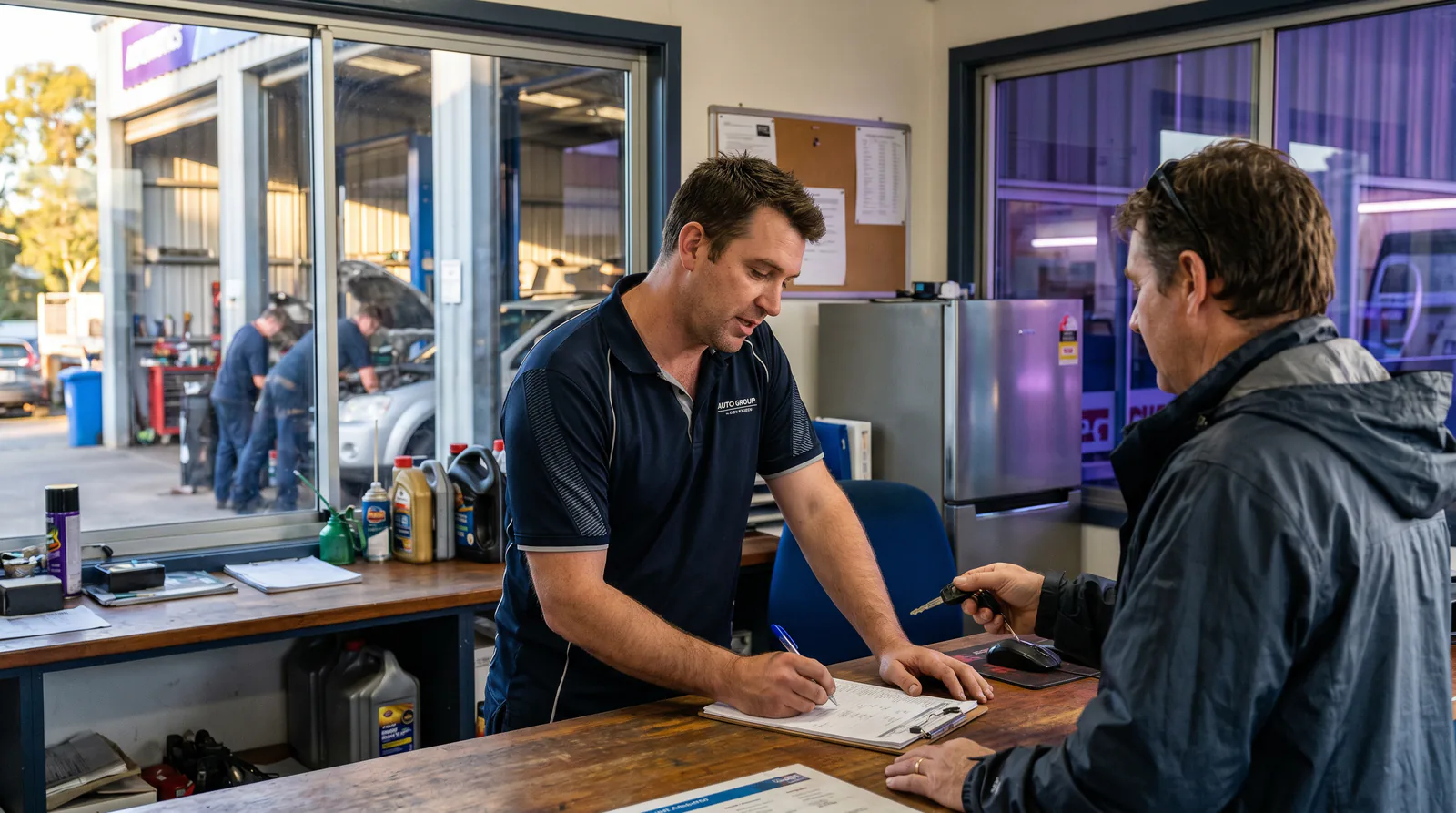A service advisor takes car keys from a customer at an auto shop front desk with repair bays visible in the background