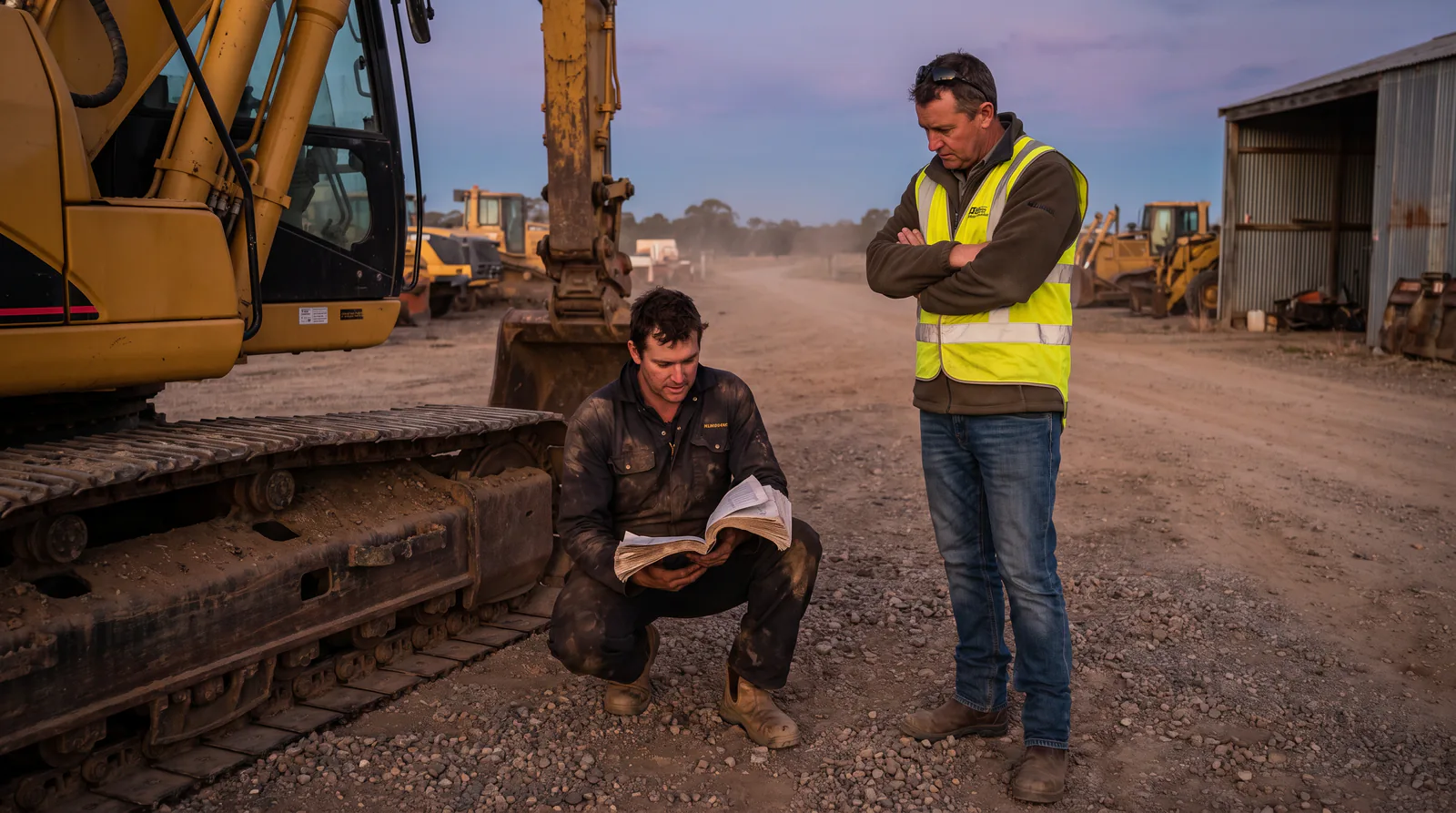 A mechanic in coveralls crouches beside a yellow excavator in a dusty yard at dusk while a site manager looks on