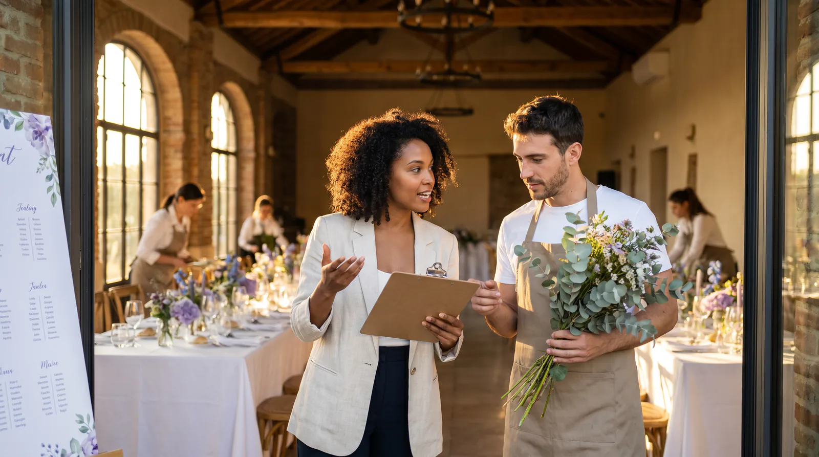 A wedding planner and florist review table arrangements in a warmly lit banquet hall with floral centerpieces