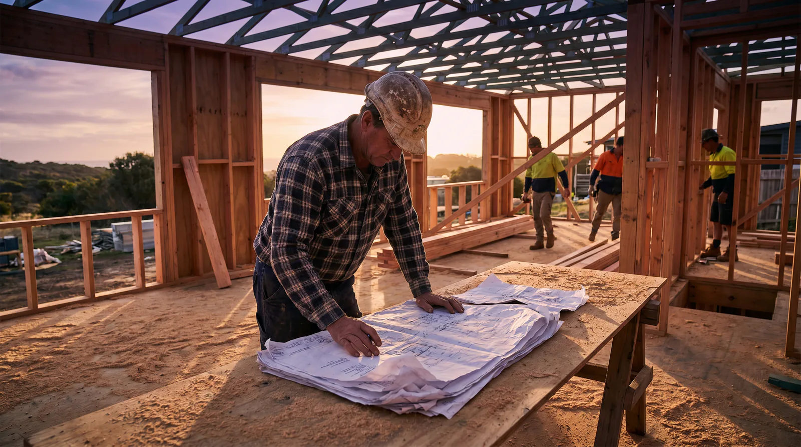 A contractor in a hard hat looks over blueprints on a workbench inside a house under construction