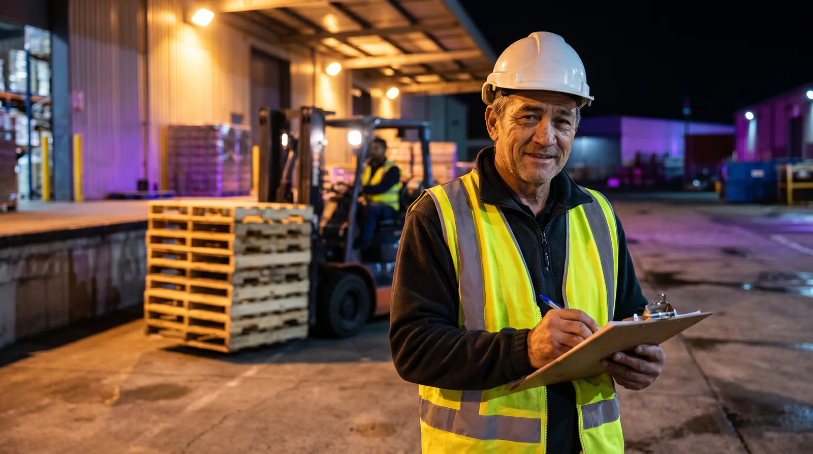 A warehouse worker in a hard hat stands at a loading dock at night while a forklift moves pallets behind him