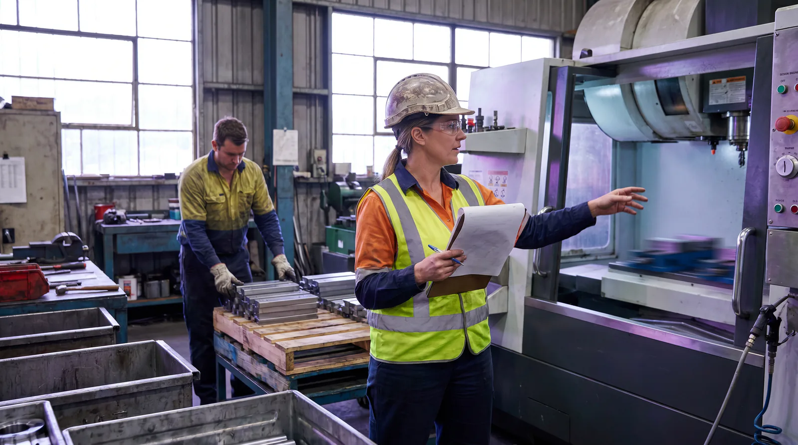 A factory supervisor in a hard hat and safety glasses checks a clipboard beside a running CNC machine