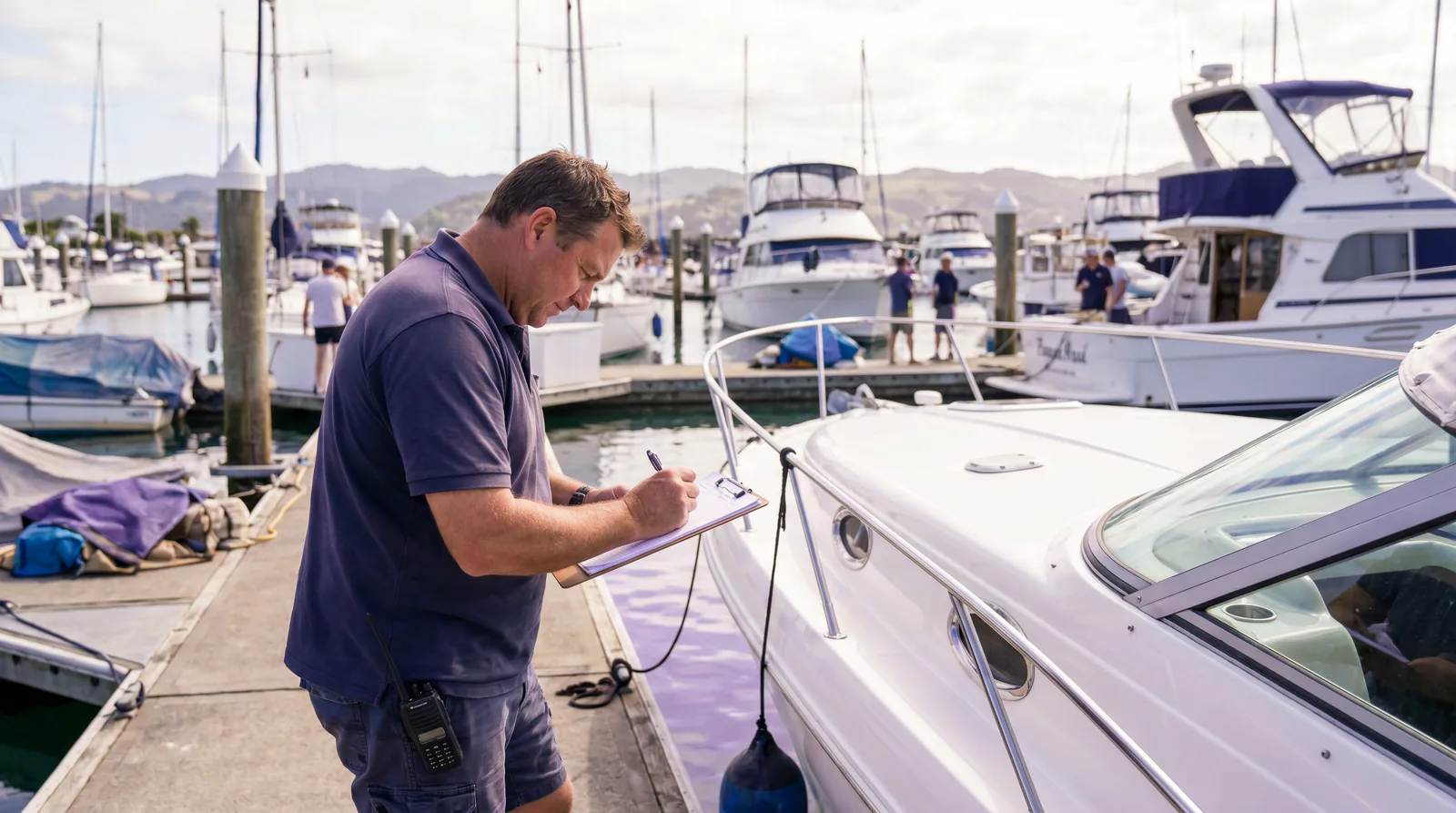 A marina worker with a clipboard stands beside a white speedboat at a busy dock on a sunny morning