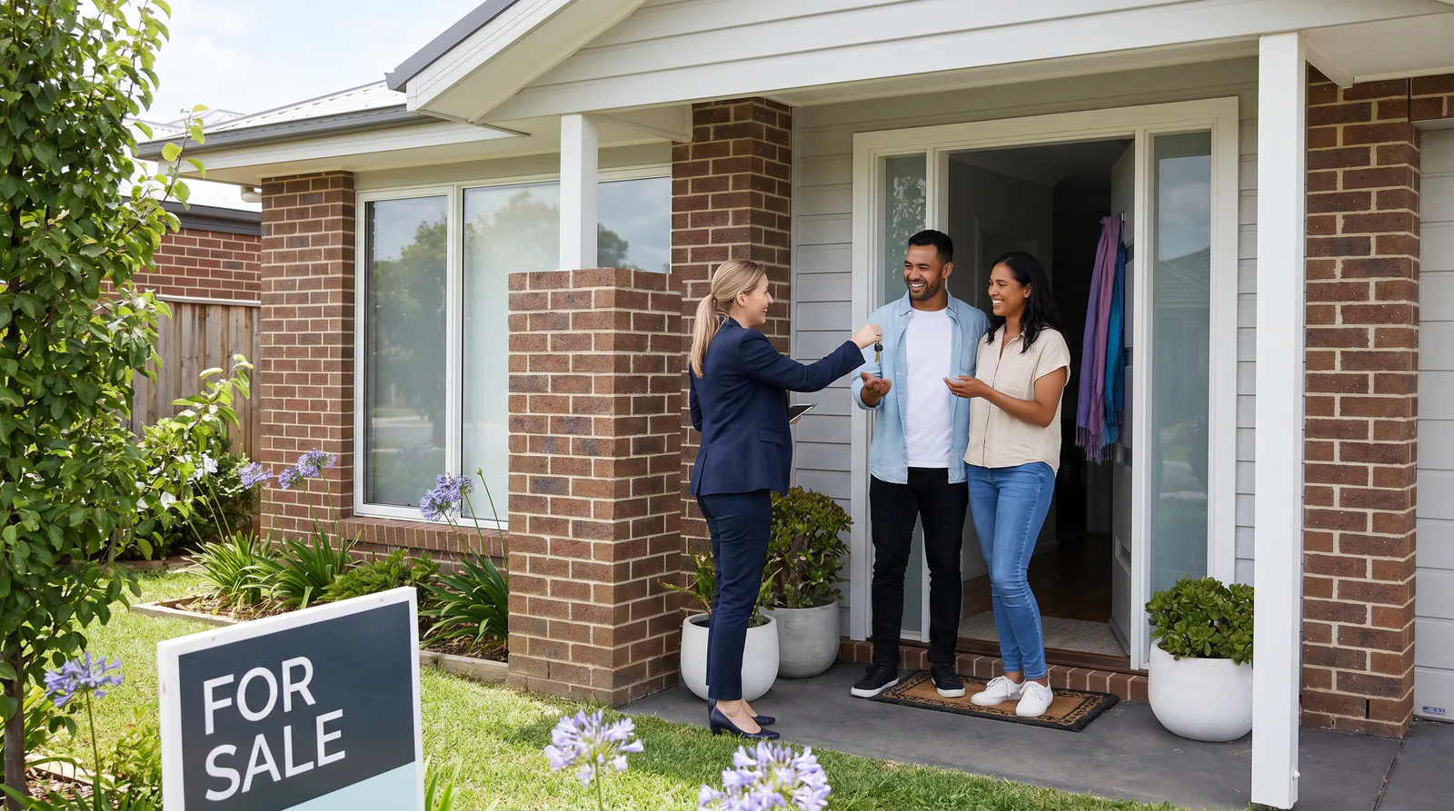 A real estate agent hands keys to a smiling couple at the front door of a suburban home