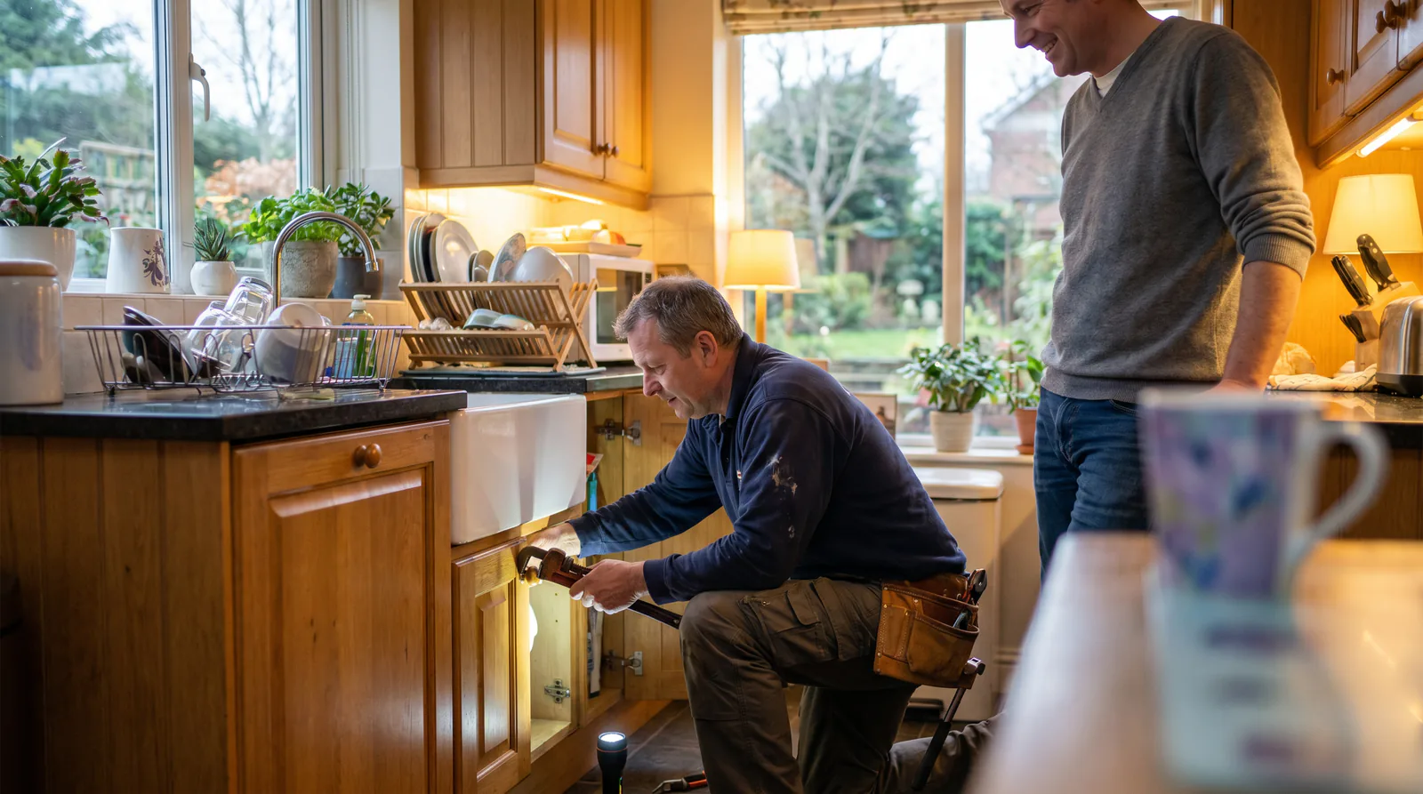 A plumber in work clothes fixes pipes under a kitchen sink while a homeowner watches with relief in a warmly lit home