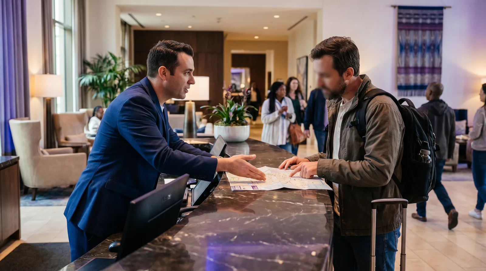 A hotel concierge leans over a marble desk gesturing at an open map while a guest with luggage listens attentively