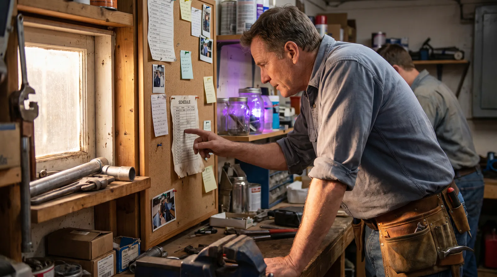 A plumber in a tool belt looks at a printed schedule pinned to a corkboard in a workshop
