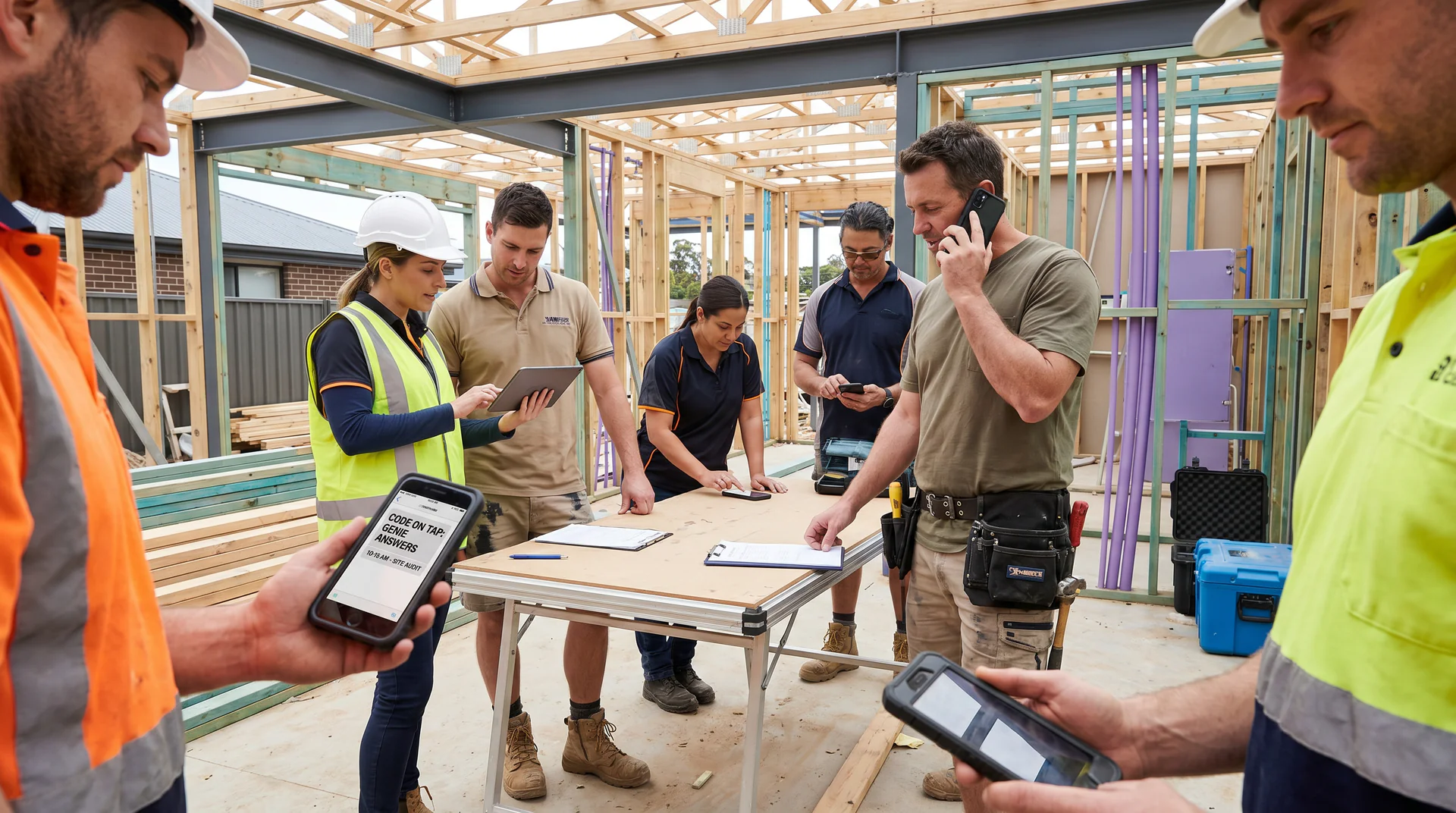 Voice AI for home builders puts current building codes, specs, and details in every sub-trade's pocket. Get the right answer in 30 seconds, with an audit trail.